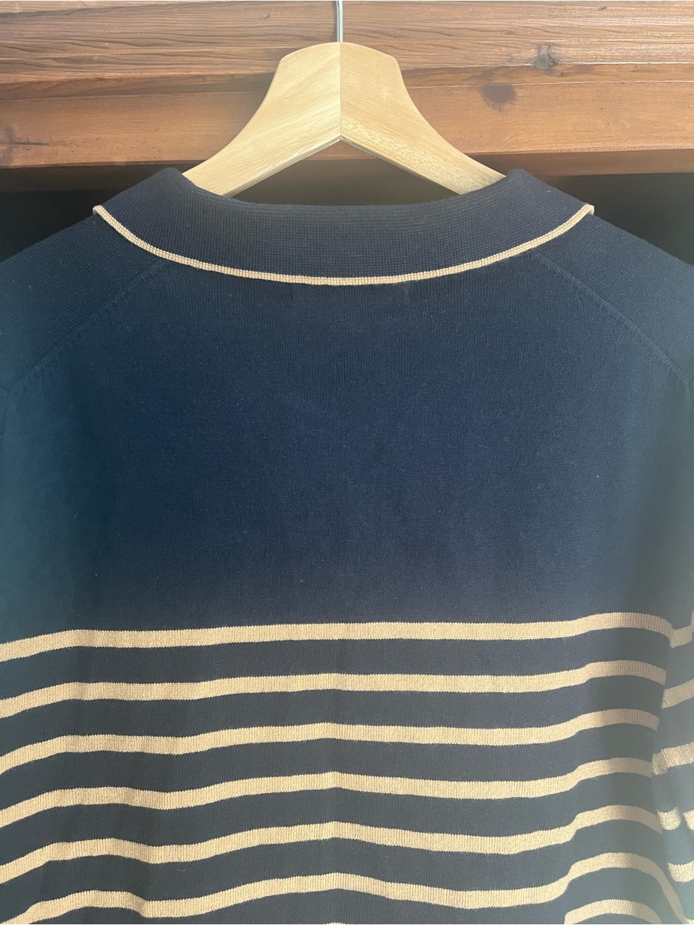 Boden NWT Liz Henley Navy and Tan Striped V‑Neck Polo Cotton Wool Blend Sweater - Picture 8 of 15